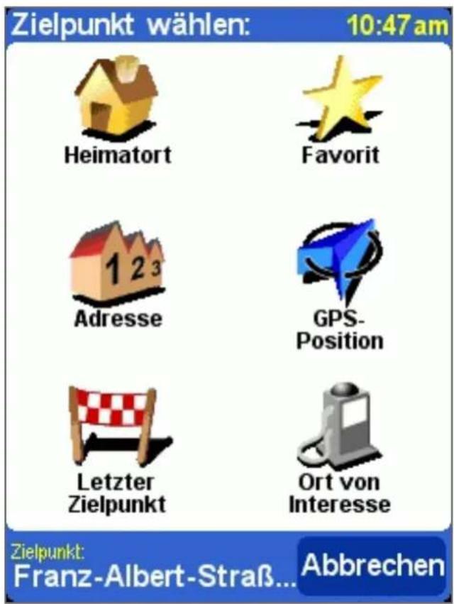 Zielpunkt wählen: 10:47 am Heimatort Favorit Adresse GPS-Position Letzter Zielpunkt Ort von Interesse Zielpunkt: Franz-Albert-Straß... Abbrechen