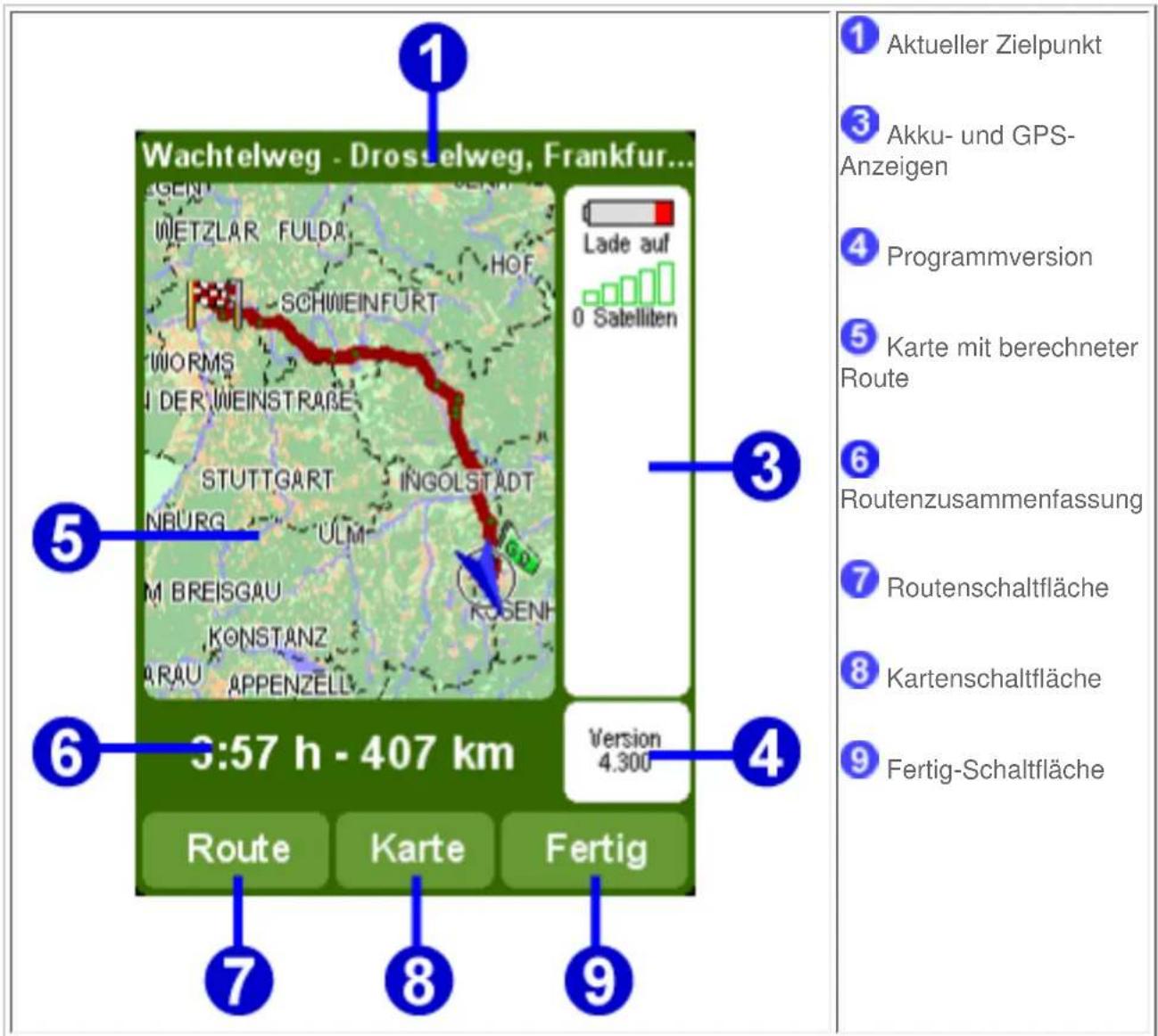 Wachtelweg - Drosselweg, Frankfurt... 1 Aktueller Zielpunkt 3 Akku- und GPS- Anzeigen 4 Programmversion 5 Karte mit berechneter Route 6 Routenzusammenfassung 7 Routenschaltfläche 8 Kartenschaltfläche 9 Fertig-Schaltfläche 1 2 3 4 5 6 7 8 9 3:57 h - 407 km Version 4.300 Route Karte Fertig