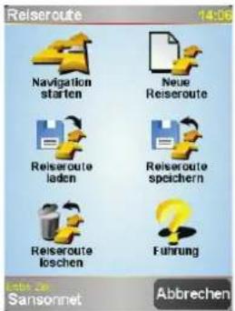 Reiseroute 14:06 Navigation starten Neue Reiseroute Reiseroute laden Reiseroute speichern Reiseroute loschen Führung Einst. 2e Sansonnet Abbrechen