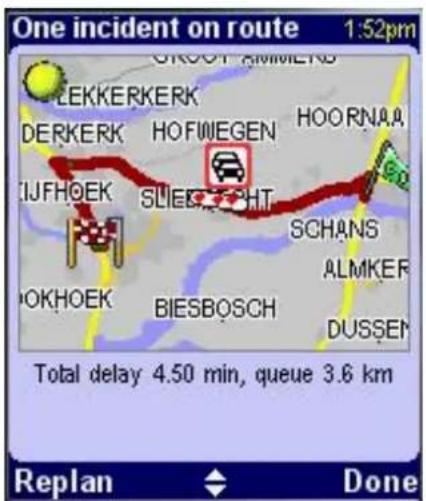 One incident on route 1:52pm LEKKERKERK DERKERK HOFIWEGEN HOORNAA IJFHOEK SLIEG-CHT SCHANS ALMKER OKHOEK BIESBOSCH DUSSEN Total delay 4.50 min, queue 3.6 km Replan Done