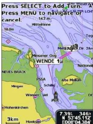 Press SELECT to Add Turn: A Press MENU to navigate or cancel. 14.7 m Mittelrinne 18.0 m Teg MellEN Dir. 28m Minsener Oog WENDE 1st National NEUES BRACK PSSA Alte Mellum Minsen Schills Wander Siel DE Hohenkirchen 3km Hooksiel 7.39' N 53'45.112' E008'04.384'