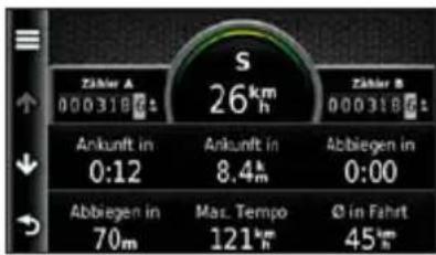 Zähler A 0003186± S 26km h Zähler B 0003186± Ankunft in 0:12 Ankunft in 8.4km Abbiegen in 0:00 Abbiegen in 70m Mac. Tempo 121km Ø in Fahrt 45km