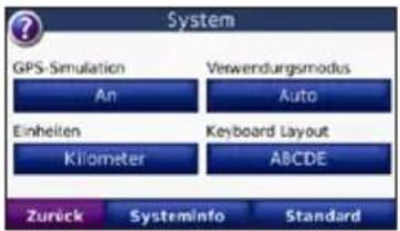 System GPS Simulation An Verwendungsmodus Auto Einheiten Kilometer Keyboard Layout ABCDE Zurück Systeminfo Standard