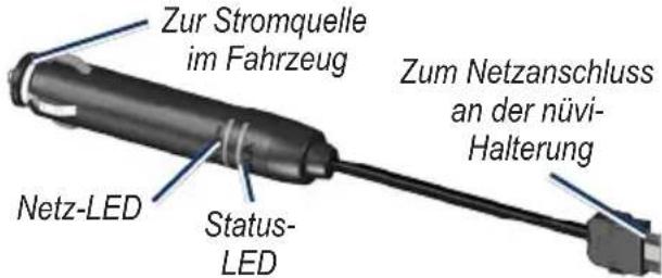 Zur Stromquelle im Fahrzeug Netz-LED Status- LED Zum Netzanschluss an der nüvi- Halterung