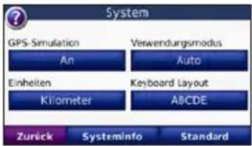 System GPS Simulation An Verwendungsmodus Auto Einheiten Kilometer Keyboard Layout ABCDE Zurück Systeminfo Standard