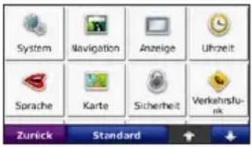 System Navigation Anzeige Uhrzeit Sprache Karte Sicherheit Verkehrsfunk Zurück Standard