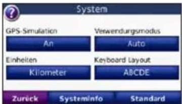 System GPS Simulation An Verwendungsmodus Auto Einheiten Kilometer Keyboard Layout ABCDE Zurück Systeminfo Standard