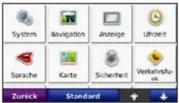 System Navigation Anzeige Uhrzeit Sprache Karte Sicherheit Verkehrslunk Zurück Standard