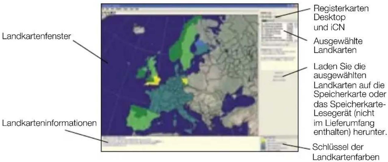 Registerkarten Desktop und iCN Ausgewählte Landkarten Laden Sie die ausgewählten Landkarten auf die Speicherkarte oder das Speicherkarte- Lesegerät (nicht im Lieferumfang enthalten) herunter. Schlüssel der Landkartenfarben Landkartenfenster Landkarteninformationen