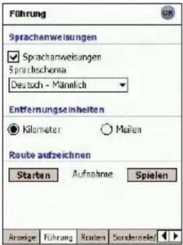 Führung Sprachenweisungen ✓ Sprachanweisungen Sprachschema Deutsch - Männlich Entfernungseinheiten ● Kilometer ○ Meilen Route aufzeichnen Starten Aufnahme Spielen Anzeige Führung Routen Sonderelete/