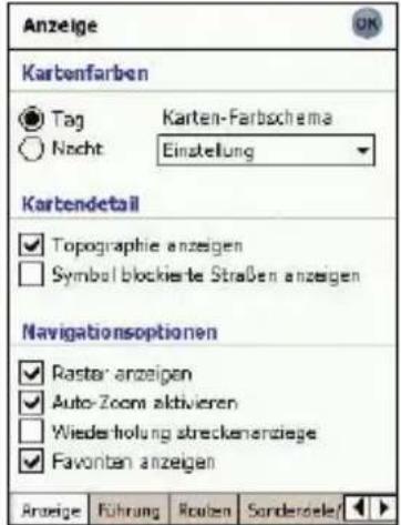 Anzeige Kartenfarben Tag Nacht Karten-Farbschema Einstellung Kartendetail Topographie anzeigen Symbol blockierte Straßen anzeigen Navigationsoptionen Raster anzeigen Auto-Zoom aktivieren Wiederholung streckenanzeige Favonban anzeigen Anzeige Führung Routen Sonderelete