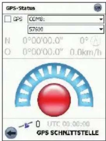 GPS-Status GPS COM8: 57600 N 0°00'00.0" 0° O 0°00'00.0" 0.0km/h UTC 00:00:00 GPS SCHNITTSTELLE