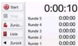 0:00:10 Start Stop Zurück... Liste Zurück Runde 5 0:00:00 Runde 4 0:00:00 Runde 3 0:00:00 Runde 2 0:00:00 Runde 1 0:00:00