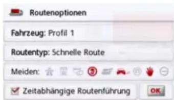 Routenoptionen Fahrzeug: Profil 1 Routentyp: Schnelle Route Meiden: Zeitabhängige Routenführung