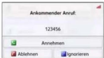 Ankommender Anruf: 123456 Annehmen Ablehnen Ignorieren