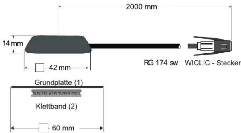 2000 mm 14 mm 42 mm RG 174 sw WICLIC - Stecker Grundplatte (1) Klettband (2) 60 mm