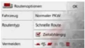Routenoptionen OK Fahrzeug Normaler PKW Routentyp Schnelle Route Zeitsabhängig Vermeiden