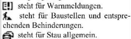 [!]] steht für Warnmeldungen. steht für Baustellen und entsprechenden Behinderungen. steht für Stau allgemein.