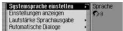 Systemsprache einstellen Einstellungen anzeigen Lautstärke Sprachausgabe Automatische Dialoge