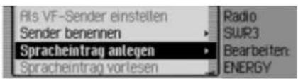 Als VF-Sender einstellen Sender benennen Spracheintrag anlegen Spracheintrag vorlesen Radio SWR3 Bearbeiten: ENERGY