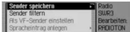 Sender speichern Sender filtern Als VF-Sender einstellen Spracheintrag anlegen Radio SWR3 Bearbeiten: RADIOTON