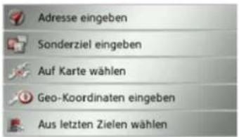 Adresse eingeben Sonderziel eingeben Auf Karte wählen Geo-Koordinaten eingeben Aus letzten Zielen wählen