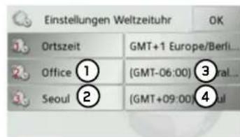 Einstellungen Weltzeituhr Ortszeit GMT+1 Europe/Berl... Office (GMT-06:00) 3 Seoul (GMT+09:00) 4