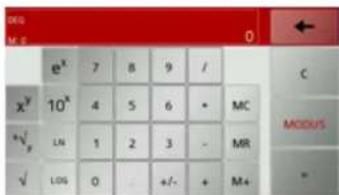 e^x 7 8 9 / x^y 10^x 4 5 6 * MC a\sqrt{y} LN 1 2 3 - MR √ LOG O +/- + M+ = MODUS