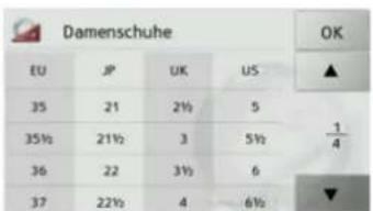 Damenschuhe EU JP UK US OK 35 21 2½ 5 ▲ 35½ 2½ 3 5½ 1/4 36 22 3½ 6 37 22½ 4 6½ ▼