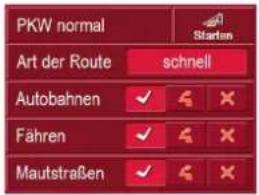 PKW normal Starten Art der Route schnell Autobahnen ✓ ✉ ✗ Fahren ✓ ✉ ✗ Mautstraßen ✓ ✉ ✗