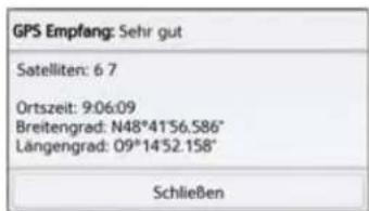 GPS Empfang: Sehr gut Satelliten: 6 7 Ortszeit: 9:06:09 Breitengrad: N48°41'56.586" Längengrad: 09°14'52.158" Schließen