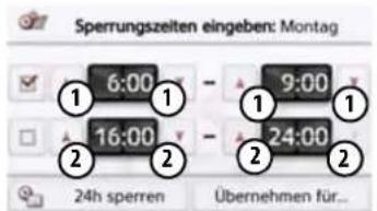 Sperrungszeiten eingeben: Montag 6:00 9:00 16:00 24:00 24h sperren Übernehmen für...