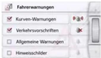 Fahrerwarnungen ✓ Kurven-Warmungen ✓ Verkehrsvorschriften □ Allgemeine Warnungen □ Hinweisschilder