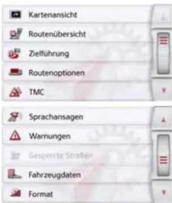 Kartenansicht Routenübersicht Zielführung Routenoptionen TMC Sprachansagen Warnungen Gespeerte Straßen Fahrzeugdaten Format