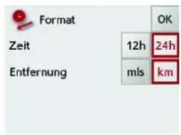 Format Zeit Entfernung 12h 24h mls km OK