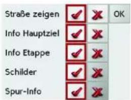Straße zeigen ✓ ✗ OK Info Hauptziel ✓ ✗ Info Etappe ✓ ✗ Schilder ✓ ✗ Spur-Info ✓ ✗