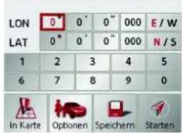 LON 0° 0° 0" 000 E / W LAT 0° 0° 0" 000 N / S 1 2 3 4 5 6 7 8 9 0 In Karte Optionen Speichern Starten