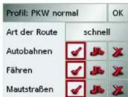 Profil: PKW normal Art der Route schnell Autobahnen Fähren Mautstraßen