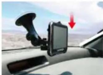 Car interior view showing a mounted smartphone with a red downward arrow indicating a change or motion (no text or symbols visible)