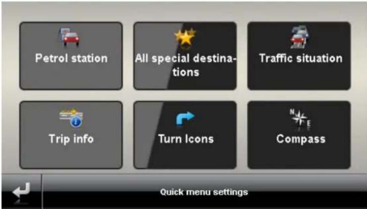 Petrol station All special destinations Traffic situation Trip info Turn Icons Compass Quick menu settings