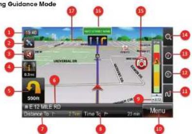 Guid Guidance Mode 1 2 3 4 5 6 7 8 9 10 11 12 13 14 15 16 17 UNIVERSAL ON S90ft E 12 VILE RD Distance To: 2.5km Time To: 21 min Menu