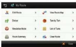 My Route Edit Route > View Route Map > Detour > Turn by Turn > Simulation Mode > List of Turn > Route Summary > Clear Route > Close