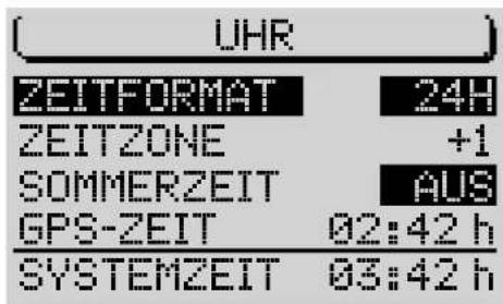 UHR ZEITFORMAT 24h ZEITZONE +1 SOMMERZEIT AUS GPS-ZEIT 02:42 h SYSTEMZEIT 03:42 h
