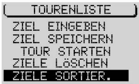 TOURENLISTE ZIEL EINGEBEN ZIEL SPEICHERN TOUR STARTEN ZIELE LÖSCHEN ZIELE SORTIER.