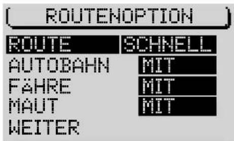 ROUTENOPTION ROUTE SCHNELL AUTOBAHN MIT FÄHRE MIT MAUT MIT WEITER