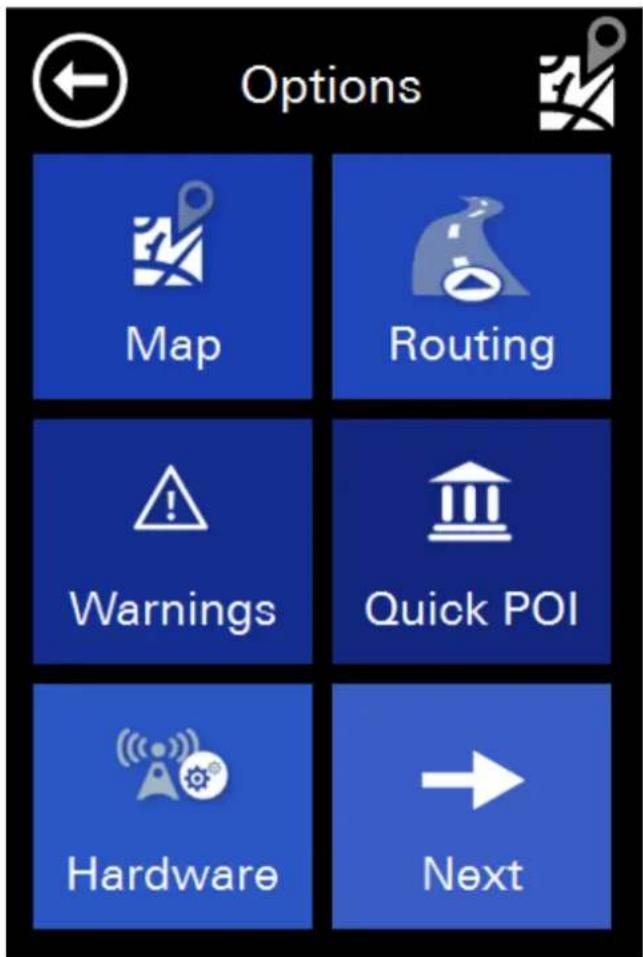 Options Map Routing Warnings Quick POI Hardware Next