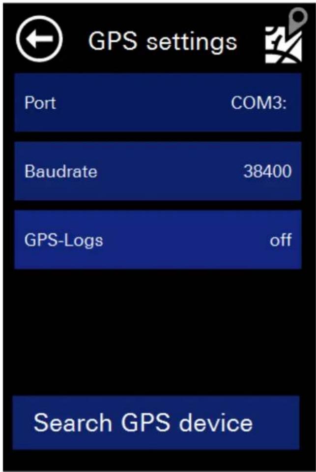 GPS settings Port COM3: Baudrate 38400 GPS-Logs off Search GPS device
