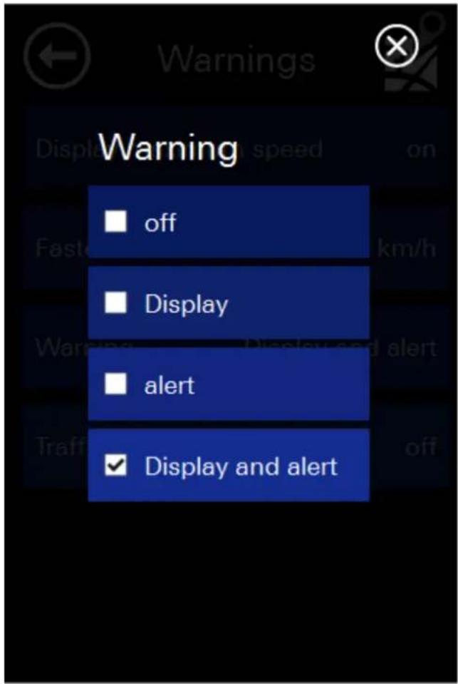 Warnings Warning ■ off ■ Display ■ alert ■ Display and alert
