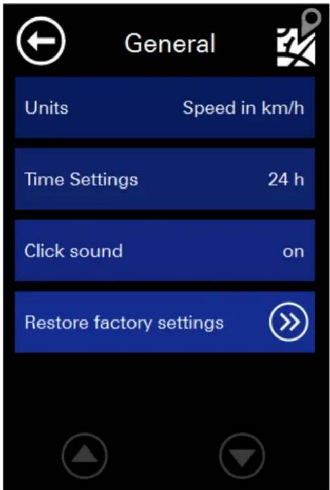 General Units Speed in km/h Time Settings 24 h Click sound on Restore factory settings >>