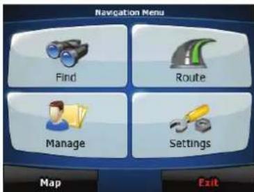 Navigation Menu Find Route Manage Settings Map Exit